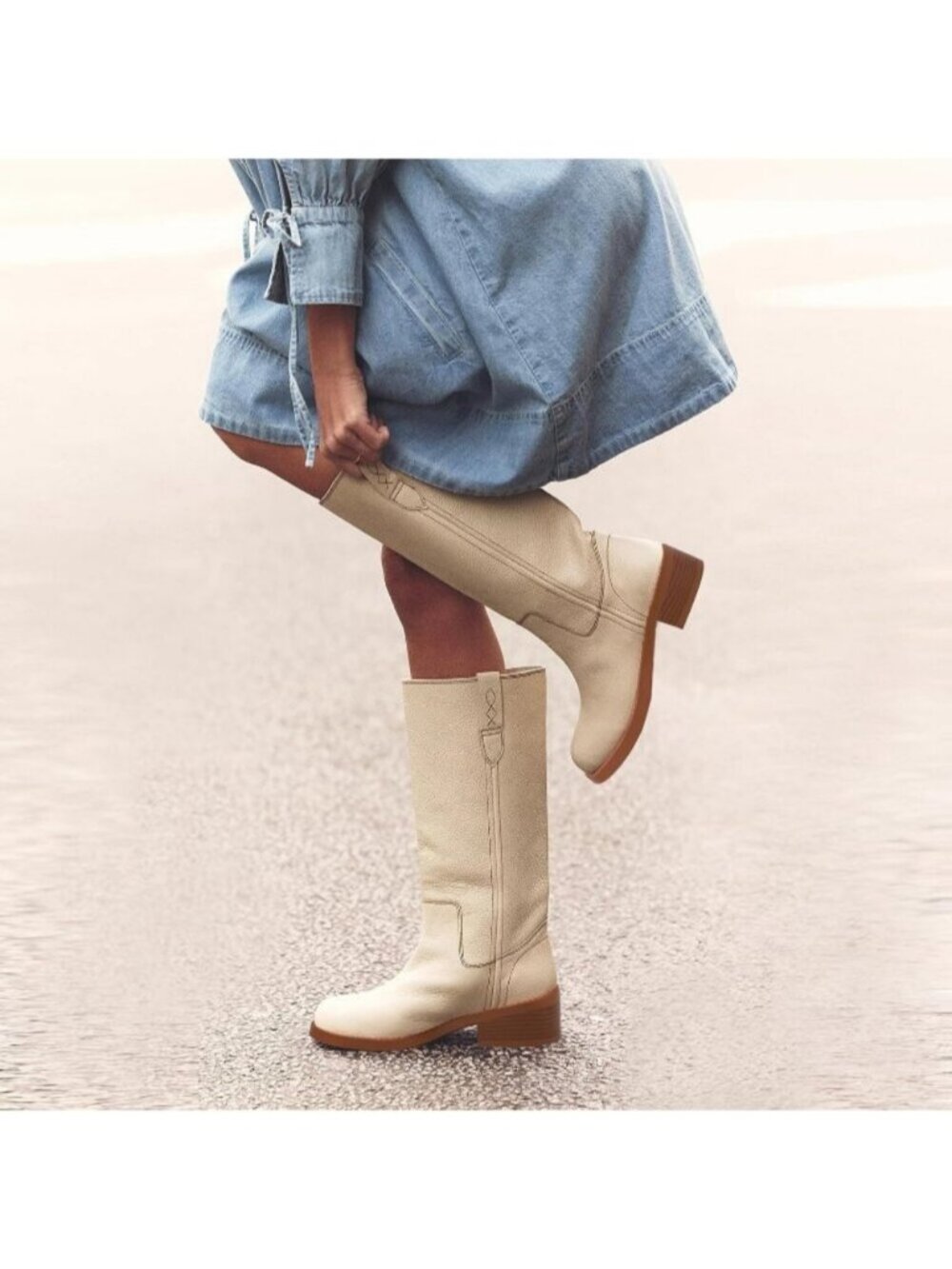 Women's Cream Knee High Boots Round Toe Tall Long Boots Vintage Pull On Low Heel - Picture 3 of 6